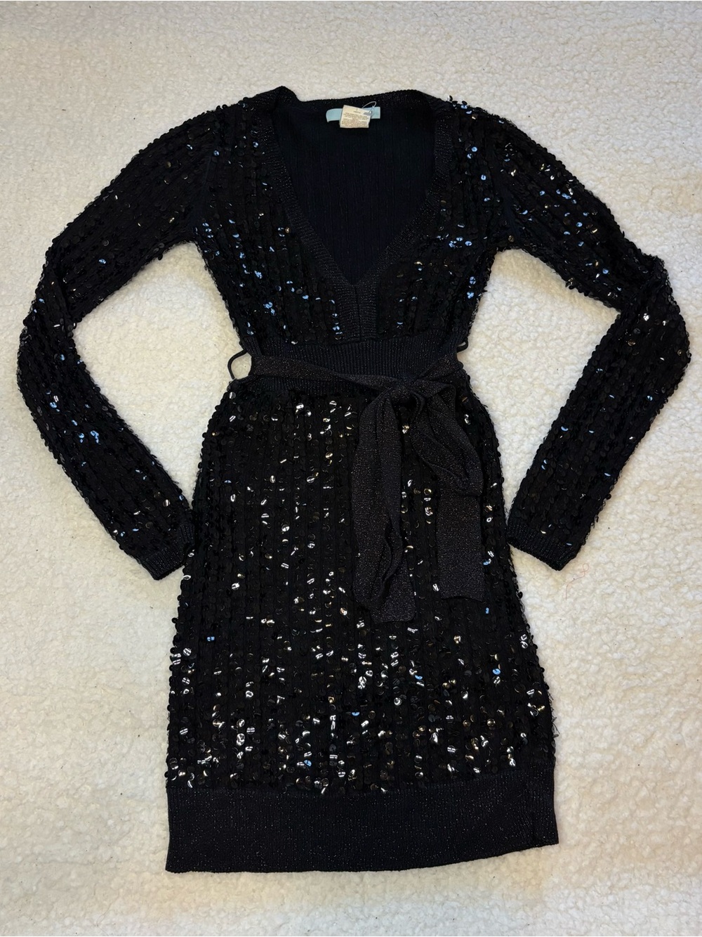 Marciano Women Black Sequins V-neck Belted Knit Mini Dress